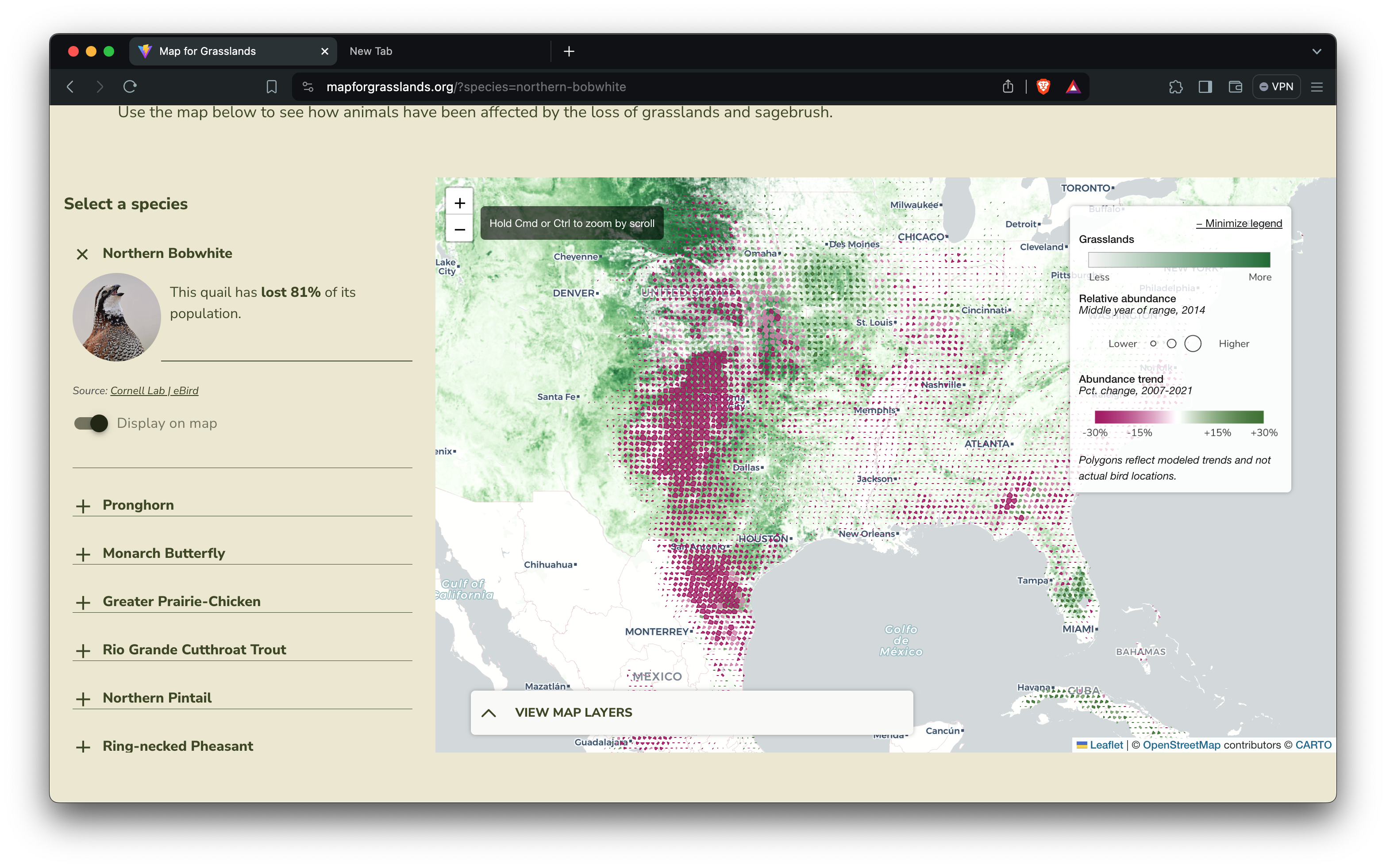 A screenshot of an interactive map which allows users to add layers of grasslands data alongside species lost data to see the correlation of each.